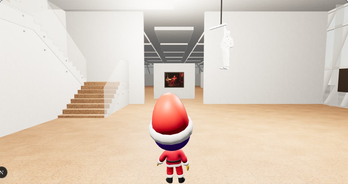 The WRPSA 3D Gallery. A player character stands in a white museum hall with art on the walls.